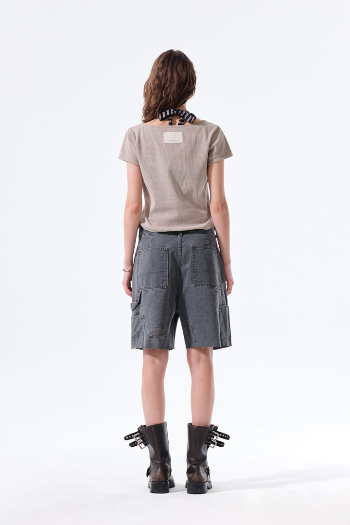 Matin Kim Herringbone Raw Cut Denim Shorts — Gray