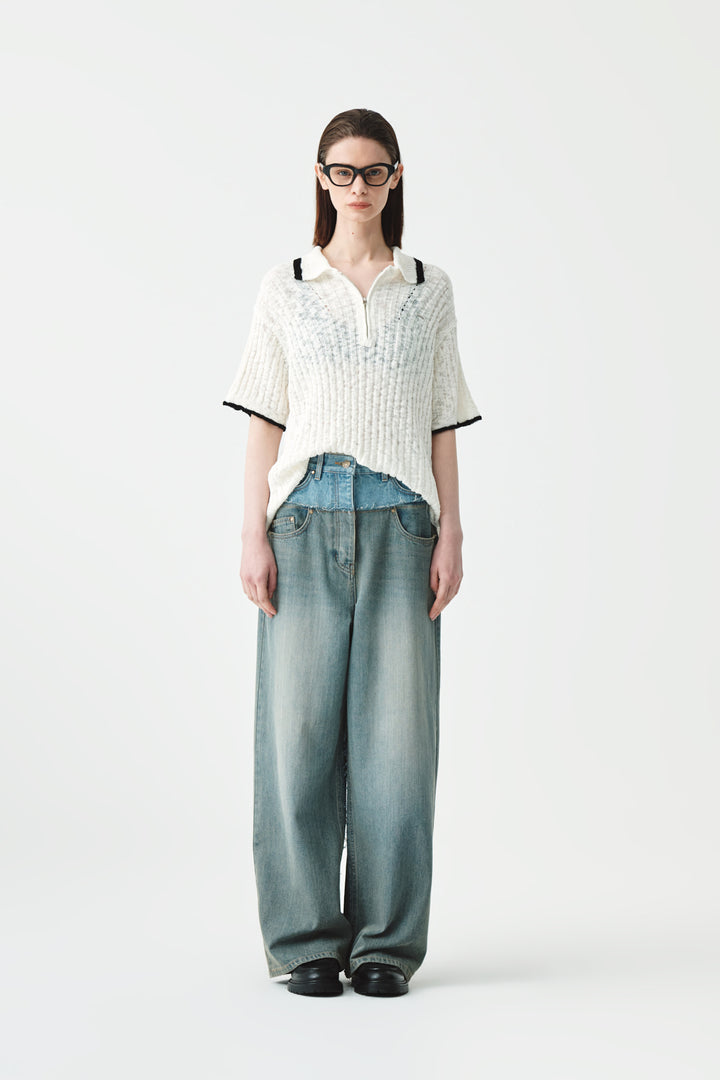 KIMMATIN Half Zip Slub Pique Knit Top — Ivory