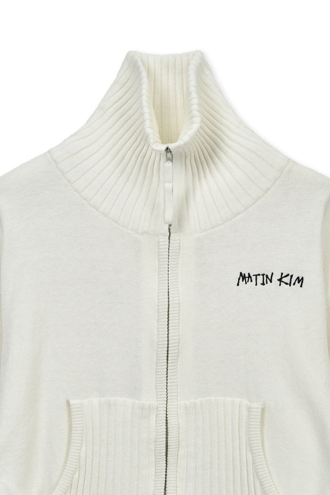 Matin Kim High Neck Embroidered Logo Zip Up — Ivory