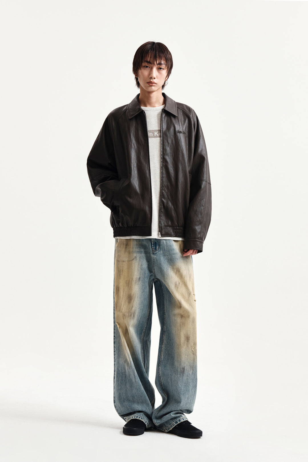 Matin Kim Small Logo Faux Leather Zip-Up — Brown