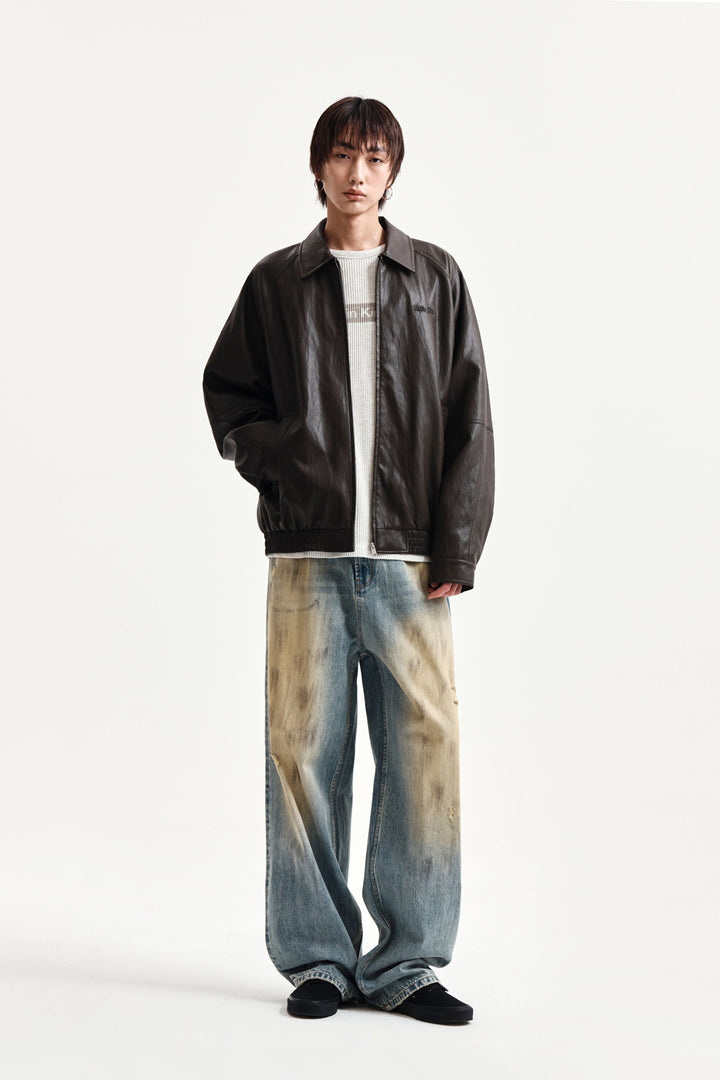 Matin Kim Small Logo Faux Leather Zip-Up — Brown