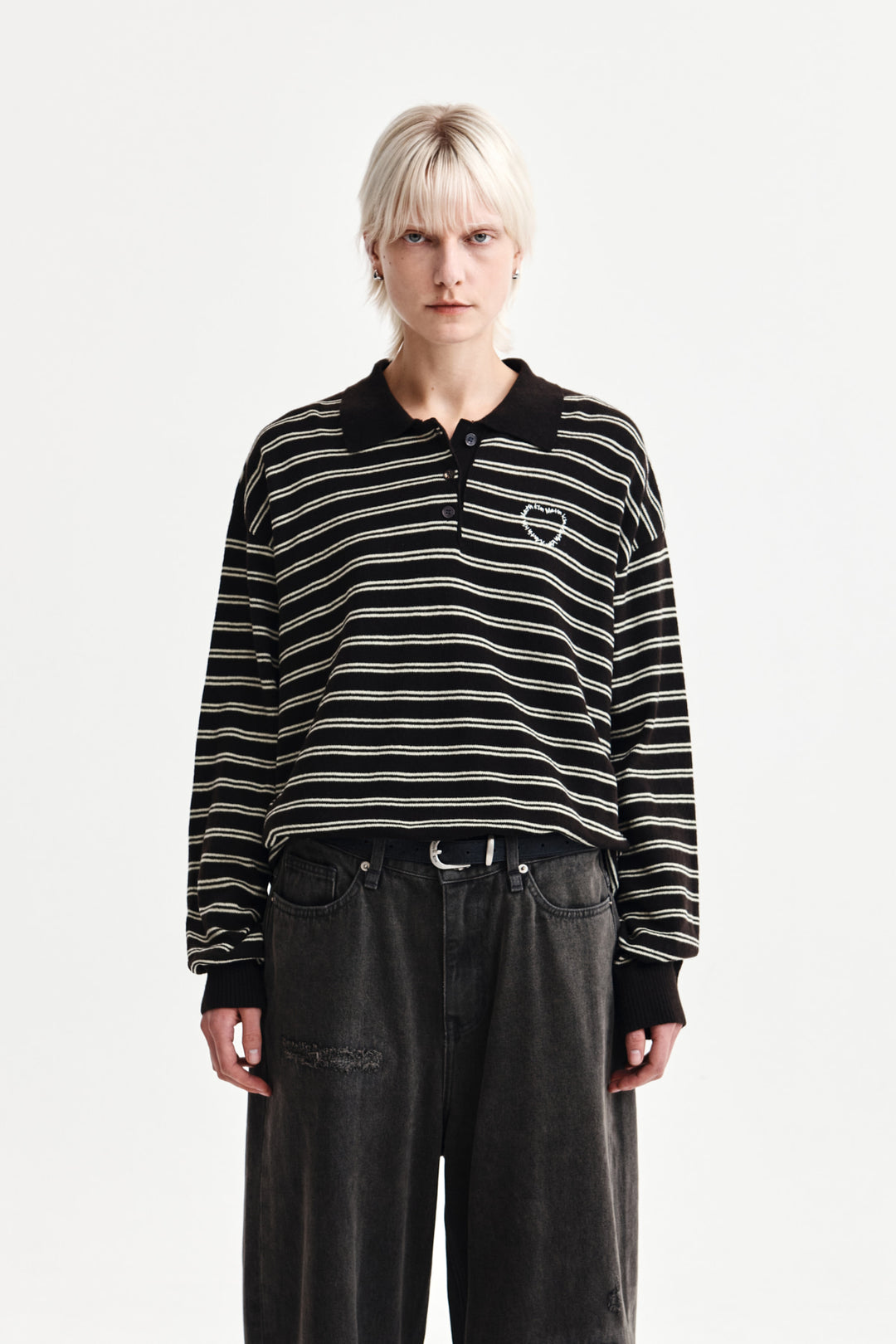 Matin Kim Heart Logo Collar Striped Pullover — Brown