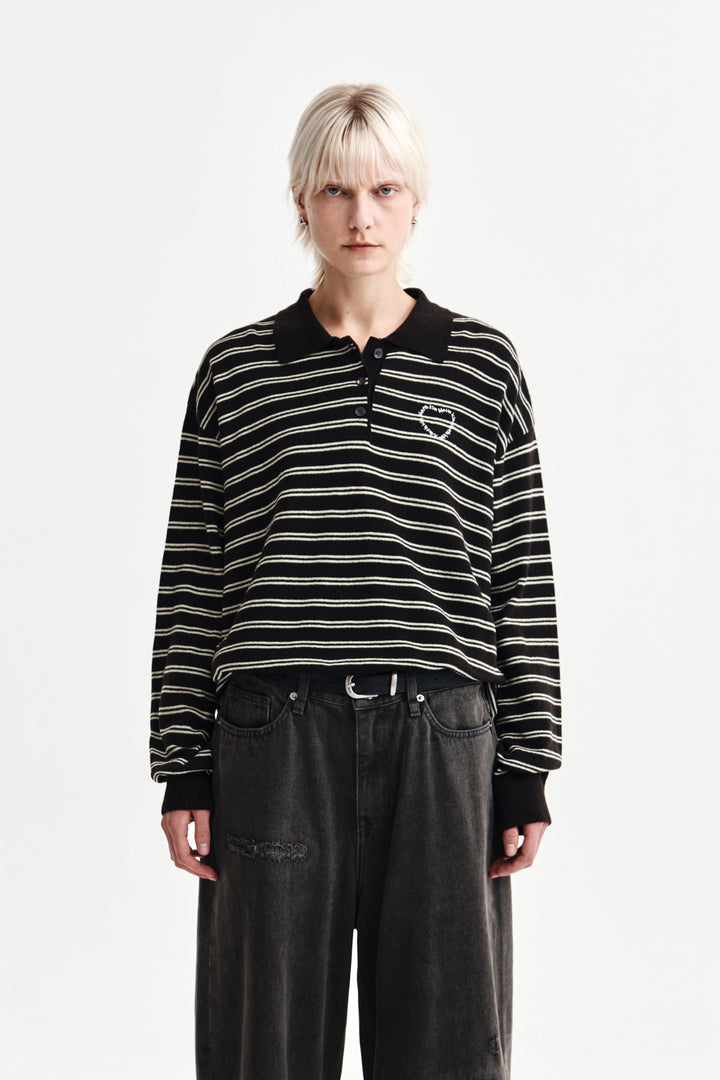 Matin Kim Heart Logo Collar Striped Pullover — Brown