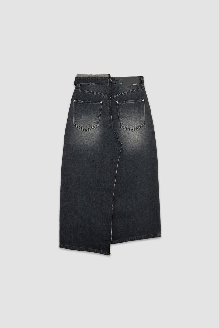 KIMMATIN Foldover Vintage Washed Denim Skirt — Black