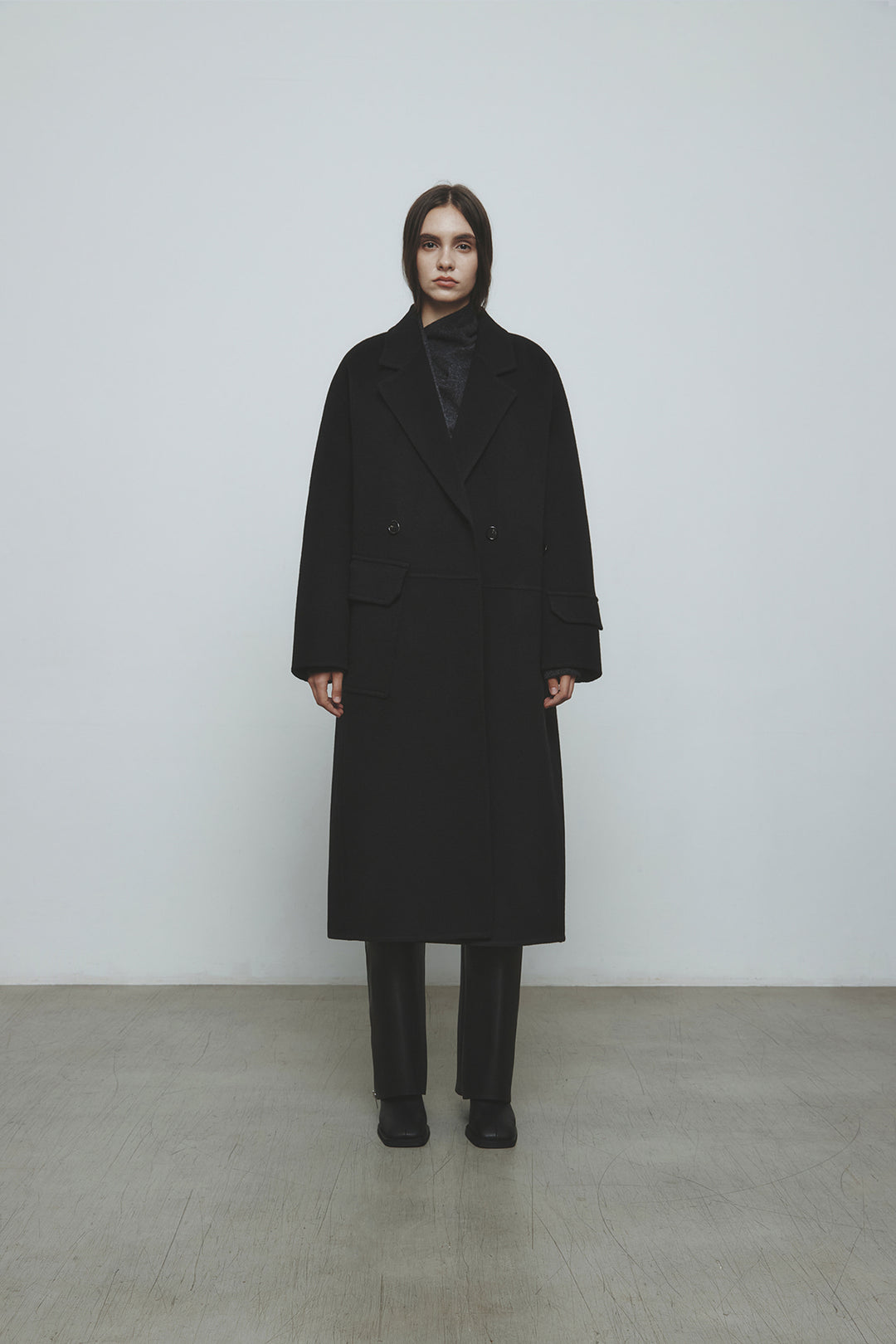 KIMMATIN Belted Double Wool Coat — Black