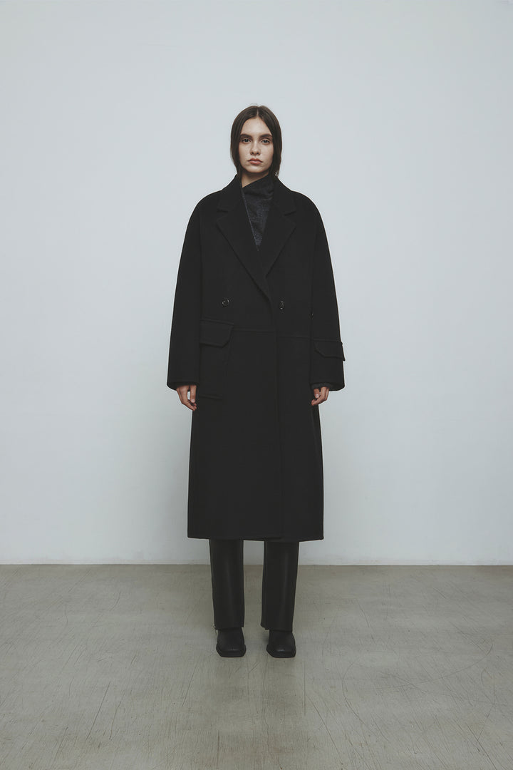 KIMMATIN Belted Double Wool Coat — Black