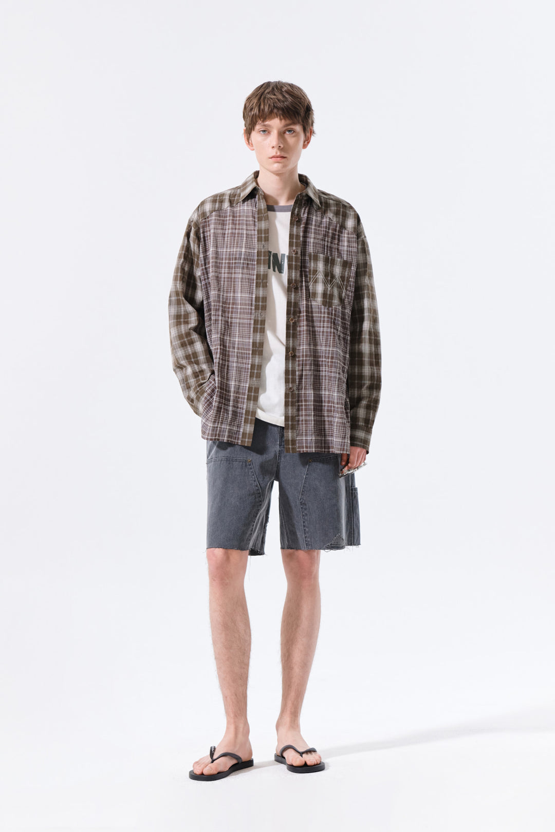 Matin Kim Mixed Check Overfit Shirt — Brown