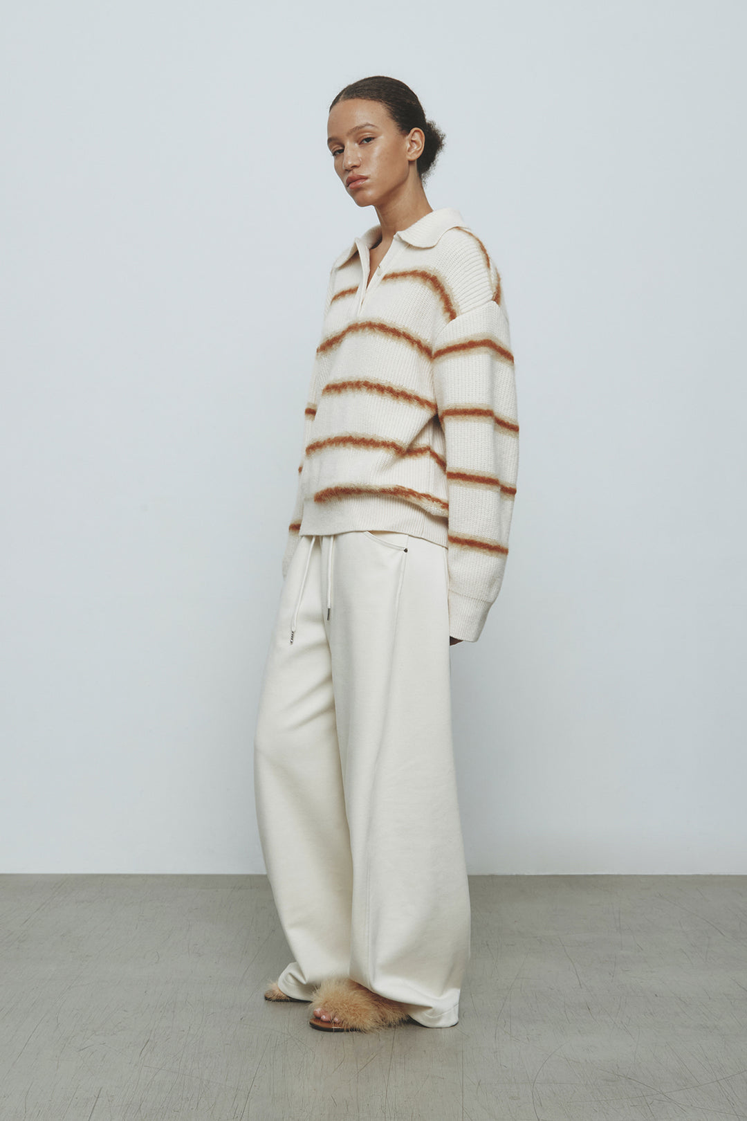 KIMMATIN Hairy Stripe Piqué Knit Top — Ivory