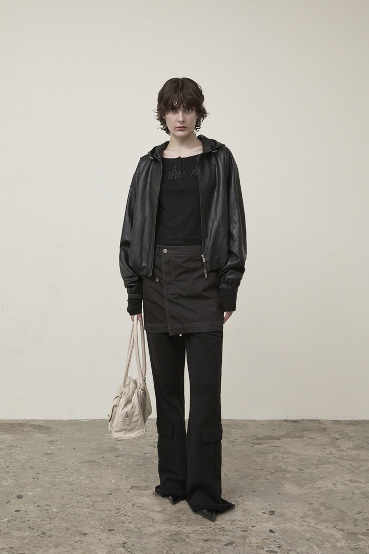Matin Kim Faux Leather Hoody Crop Jumper — Black