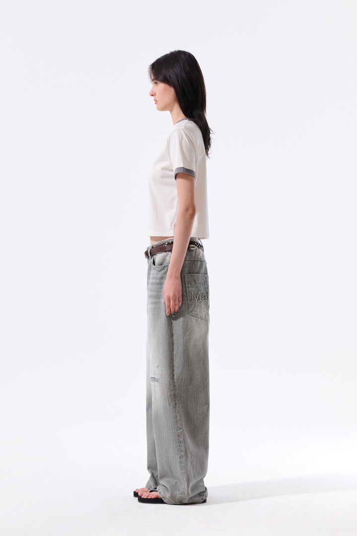 Matin Kim Back Logo Washed Denim Pants — Khaki