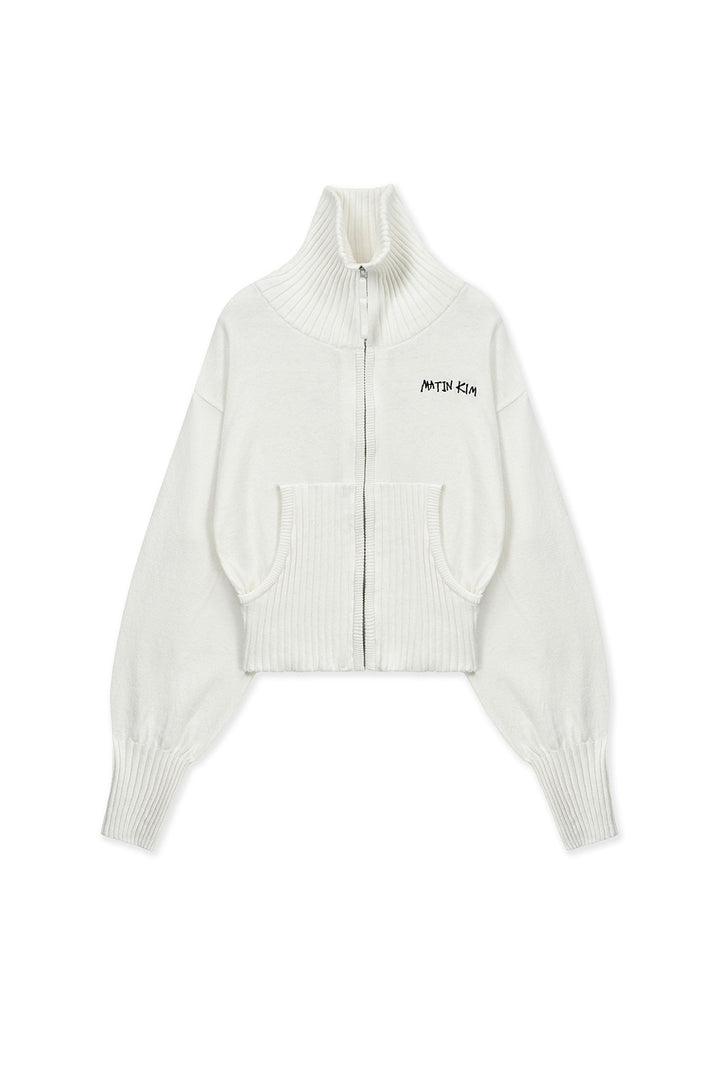 Matin Kim High Neck Embroidered Logo Zip Up — Ivory