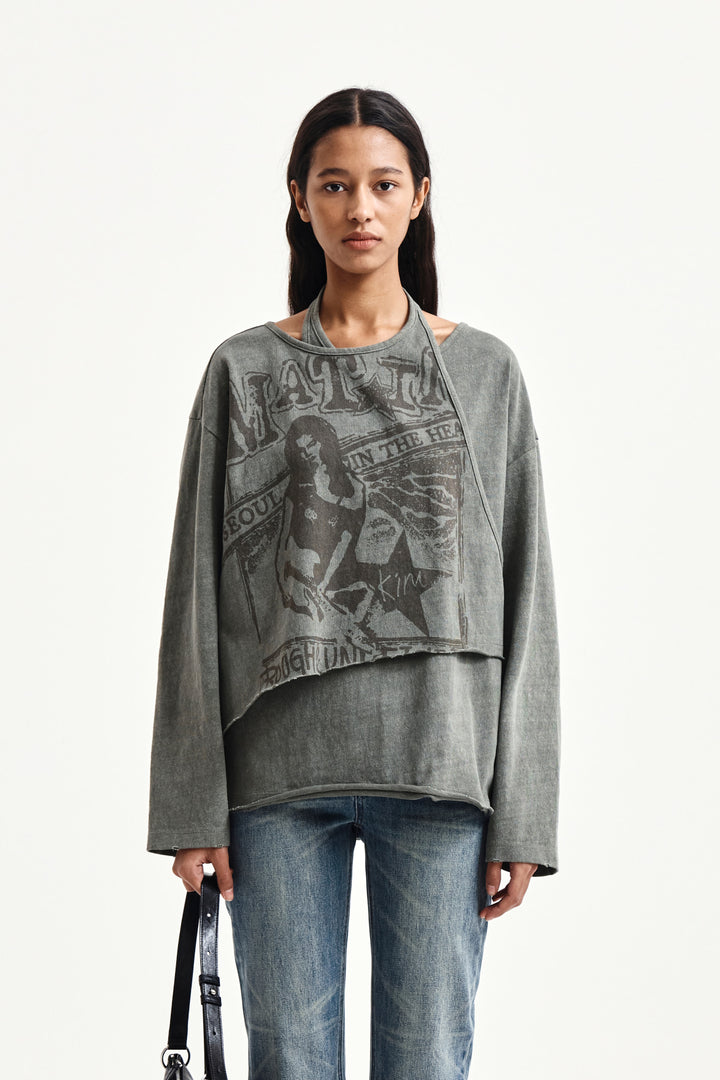 Matin Kim Vintage Graphic Layered Top — Khaki