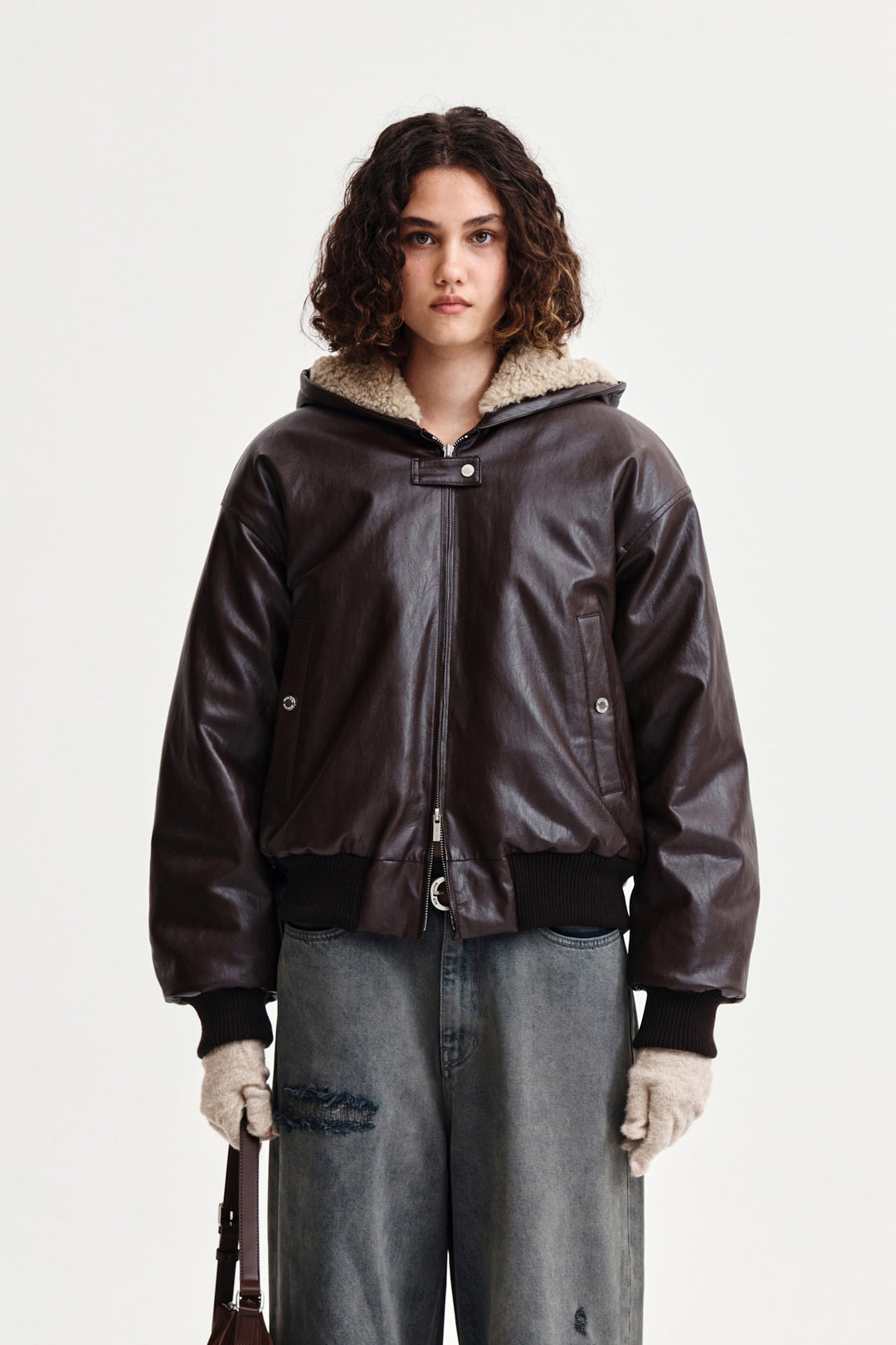 Matin Kim Faux Leather Zip-Up Hoody — Brown