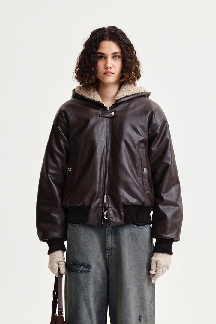 Matin Kim Faux Leather Zip-Up Hoody — Brown