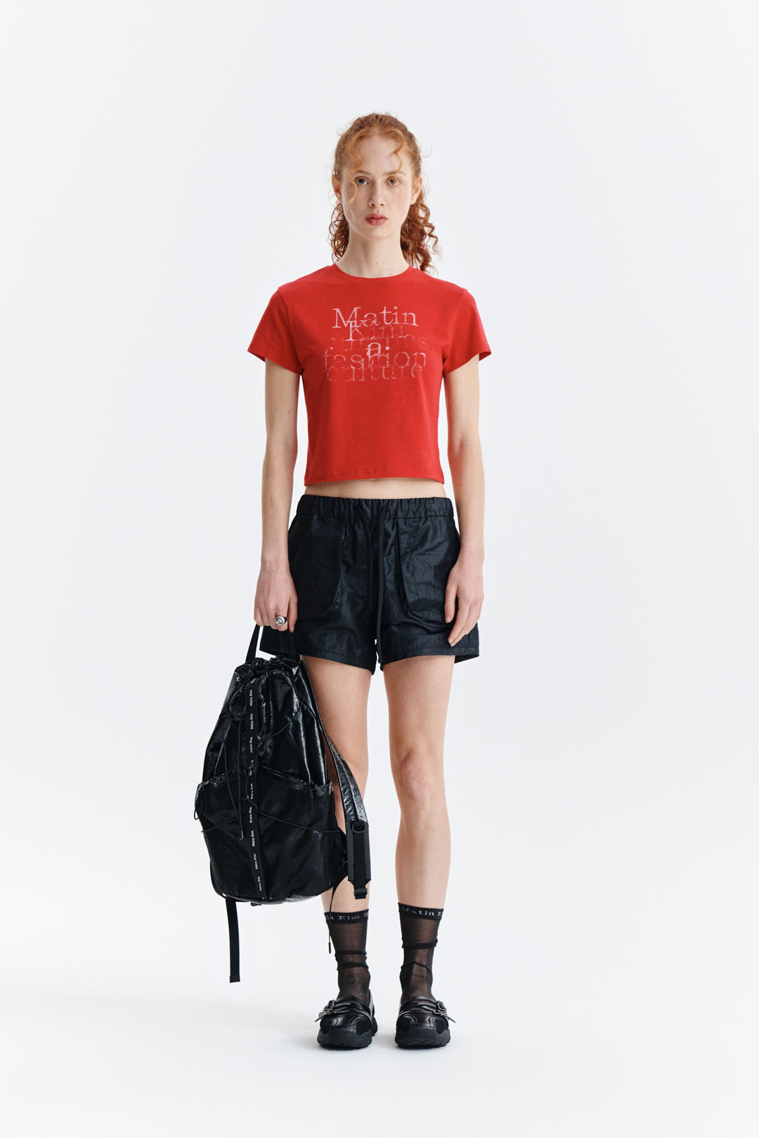 Matin Kim Dusty Typo Graphic Crop Top — Red
