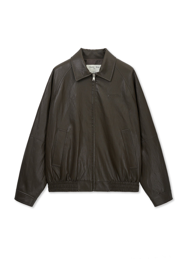 Matin Kim Small Logo Faux Leather Zip-Up — Brown
