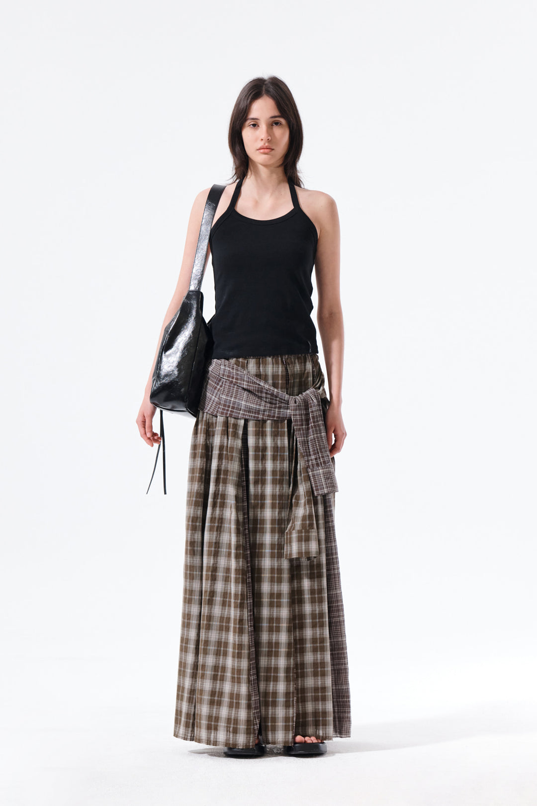 Matin Kim Mixed Check Sleeve Tie Flare Skirt — Brown