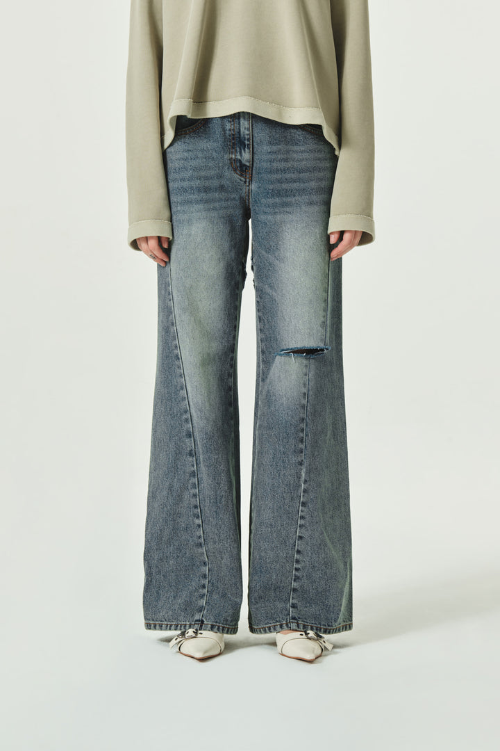 KIMMATIN Slit Point Flare Denim — Blue