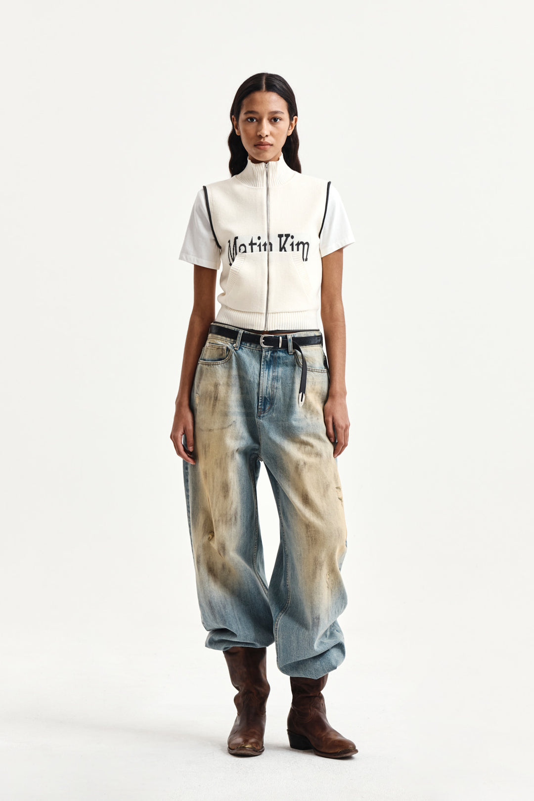 Matin Kim Spell Point Knit Zip Up Vest — Ivory