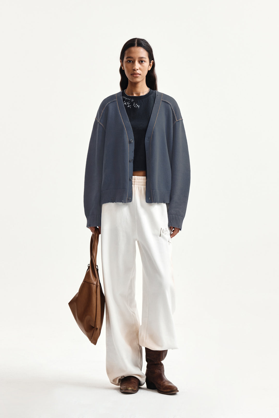 Matin Kim Back Logo Line Point Knit Cardigan — Blue
