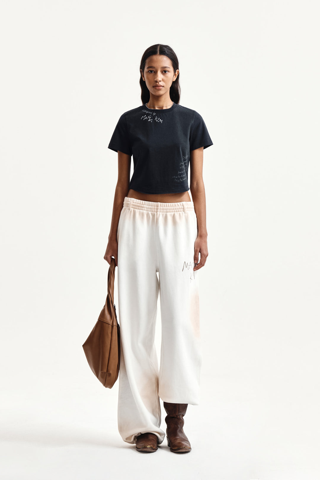 Matin Kim Graffiti Round Hem Crop Top — Navy blue