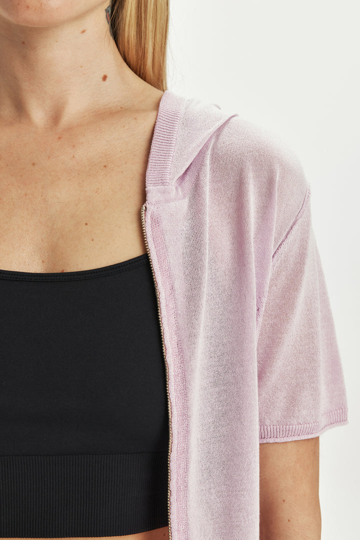KIMMATIN Hoody Point Half Sleeve Knit Zip Up — Pink