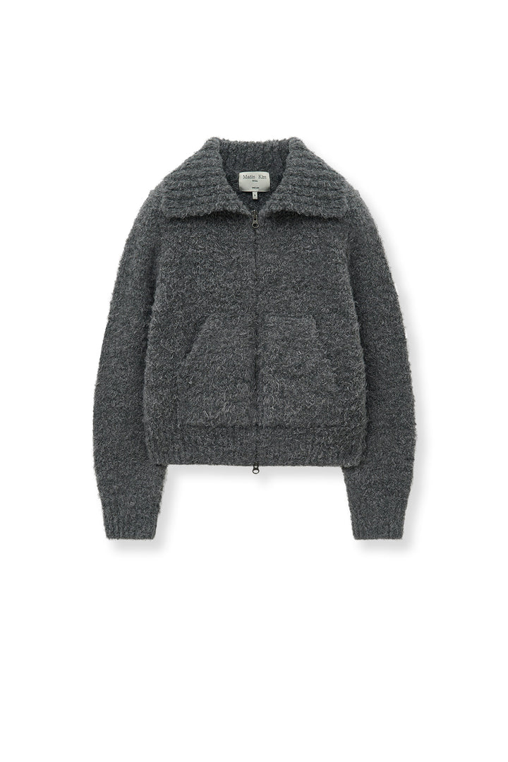 Matin Kim Boucle Knit Zip-Up Cardigan — Charcoal