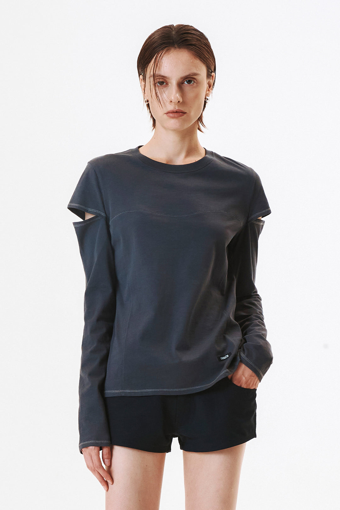 KIMMATIN Stitch Cut Out Long Sleeve Top — Charcoal
