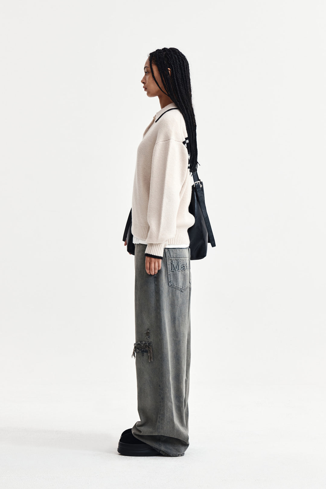 Matin Kim Back Logo Collar Knit Top — Ivory