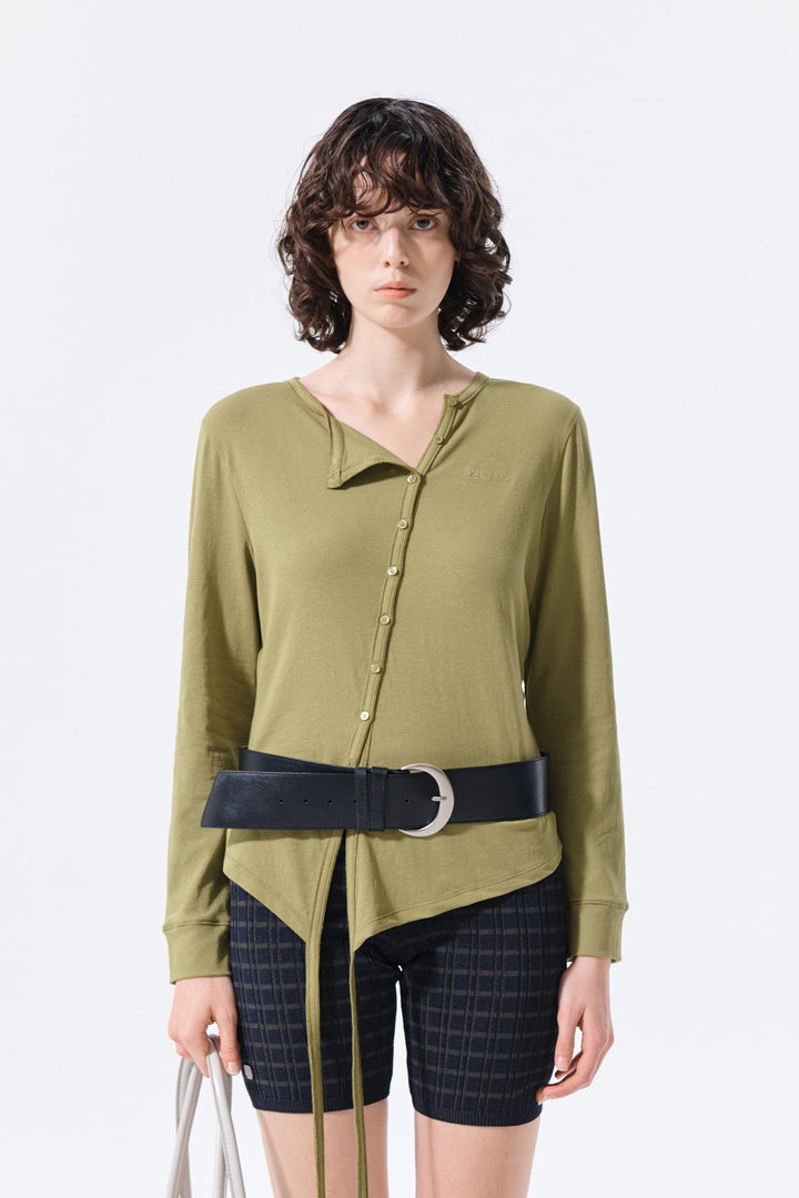 Matin Kim Asymmetric Button Closure Top — Olive