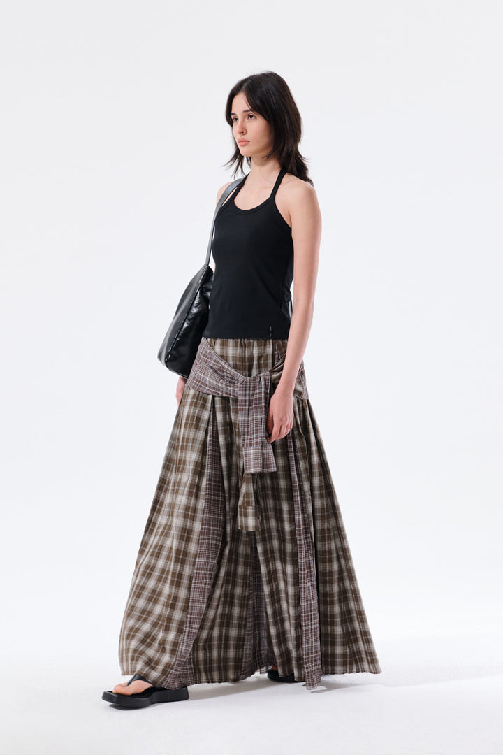 Matin Kim Mixed Check Sleeve Tie Flare Skirt — Brown
