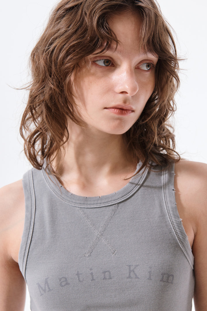 Matin Kim Distressed Sleeveless Logo Top — Light Grey