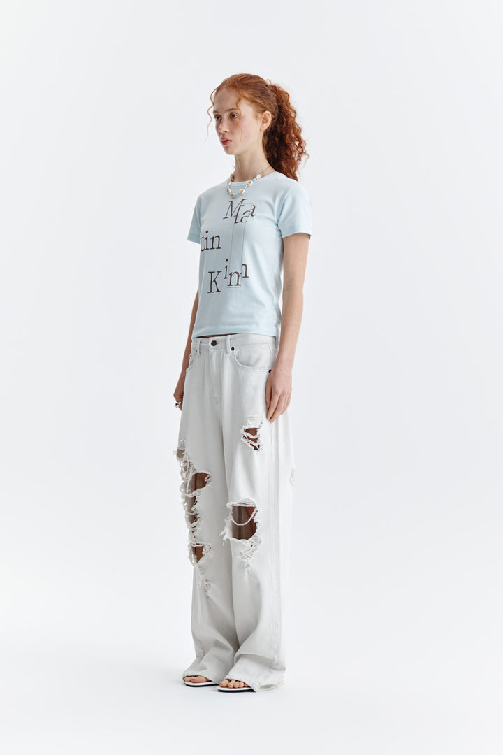 Matin Kim Patchwork Graphic Logo Tee — Light Blue