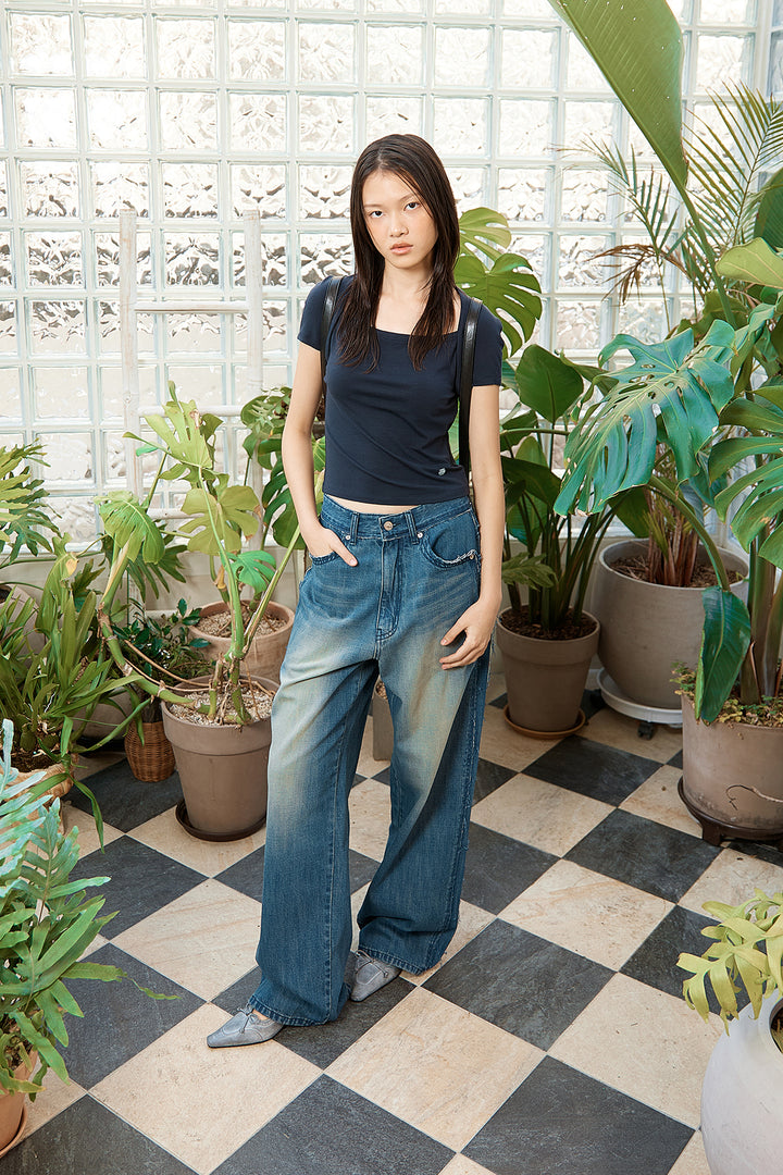 Matin Kim Rough Cut Line Point Denim — Blue