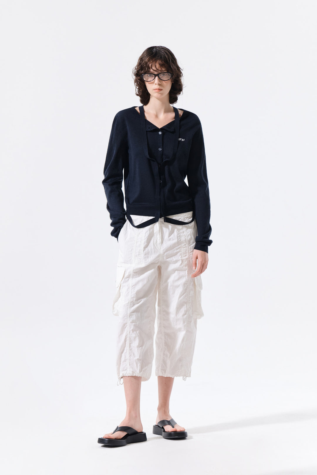 Matin Kim String Detail Knit Cardigan — Dark Navy