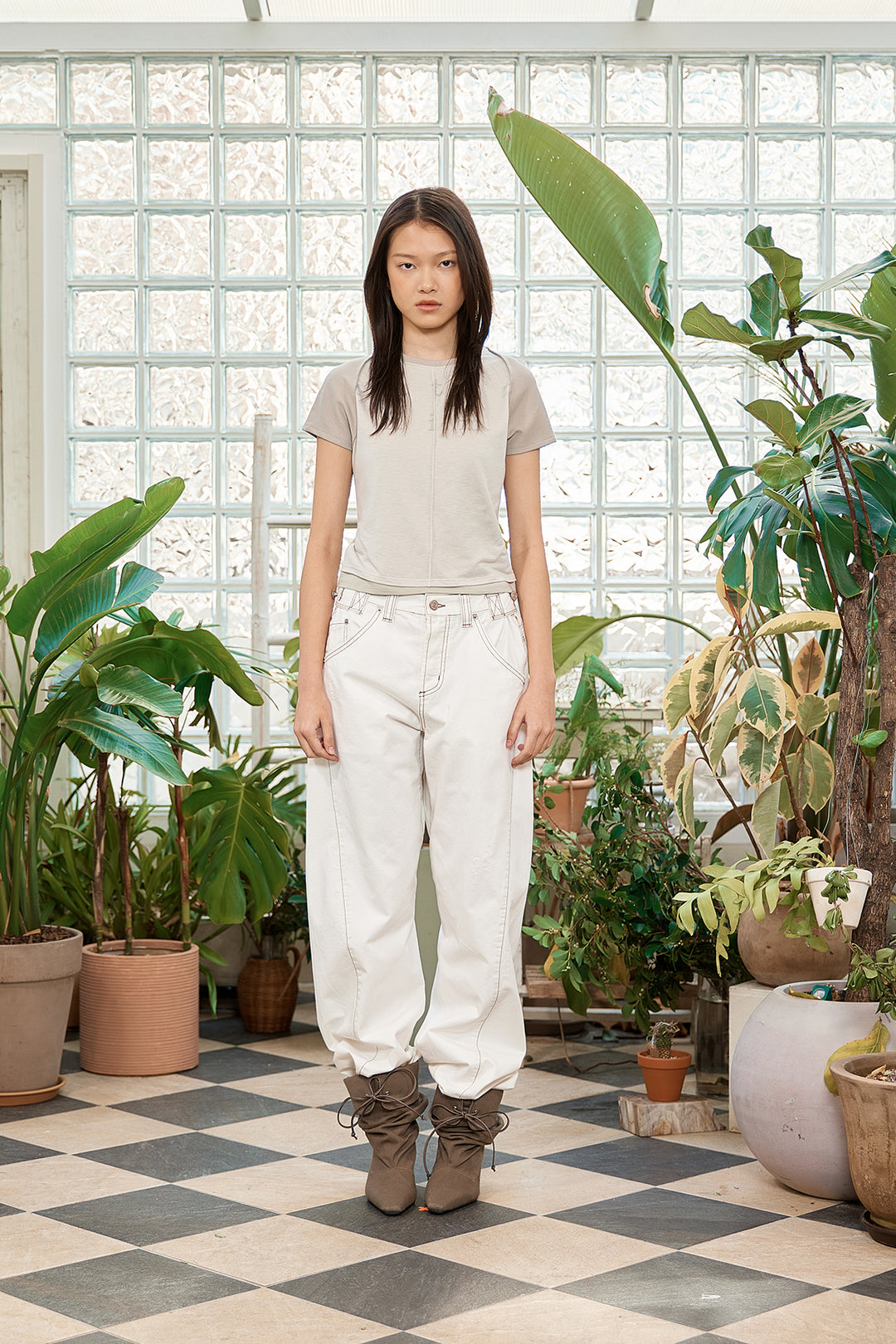 Matin Kim Pintuck Layered Slim Crop Top — Khaki