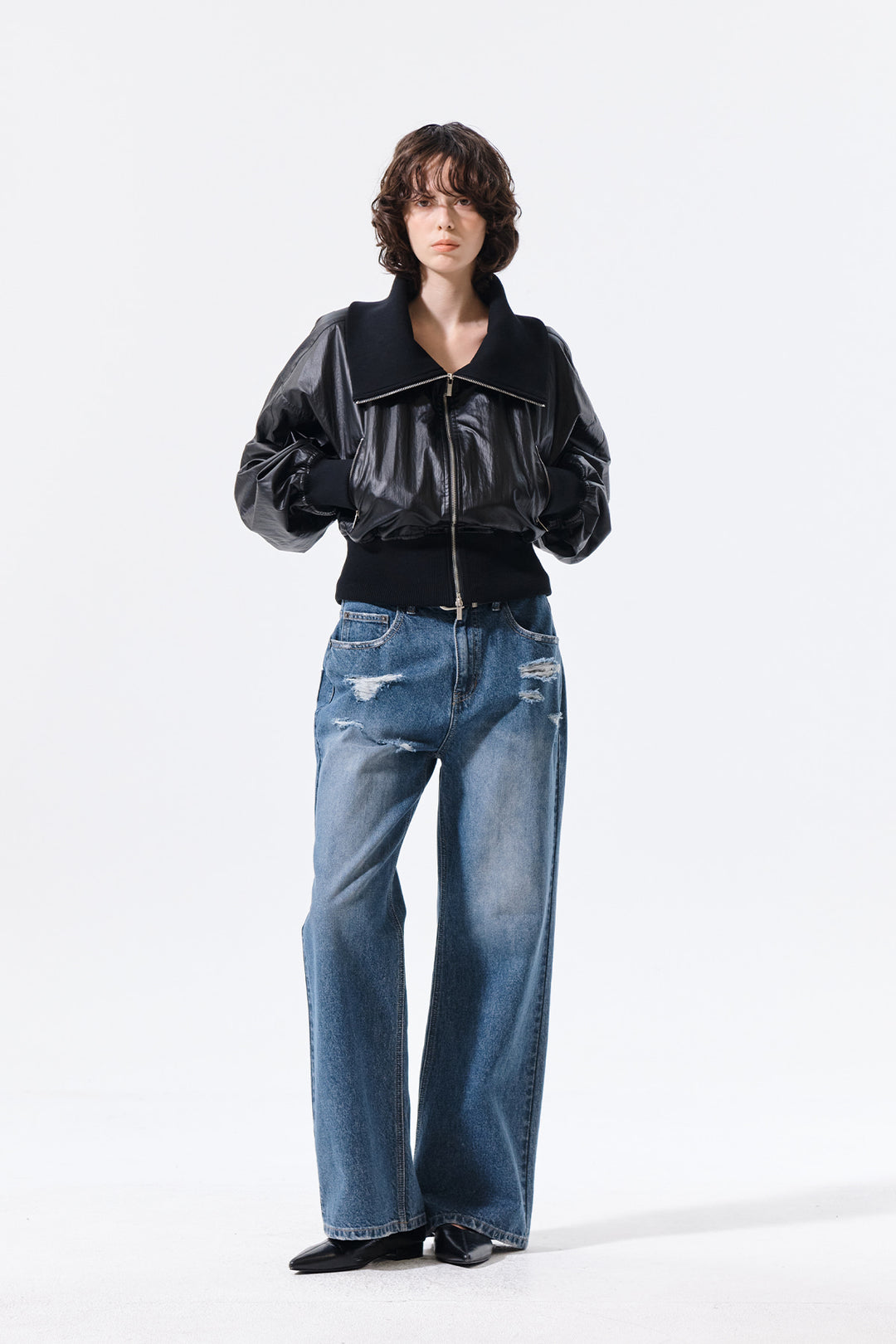 Matin Kim Shine Crinkle Zip Blouson — Black