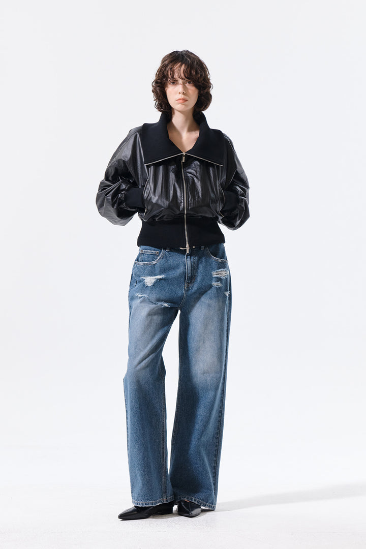 Matin Kim Shine Crinkle Zip Blouson — Black