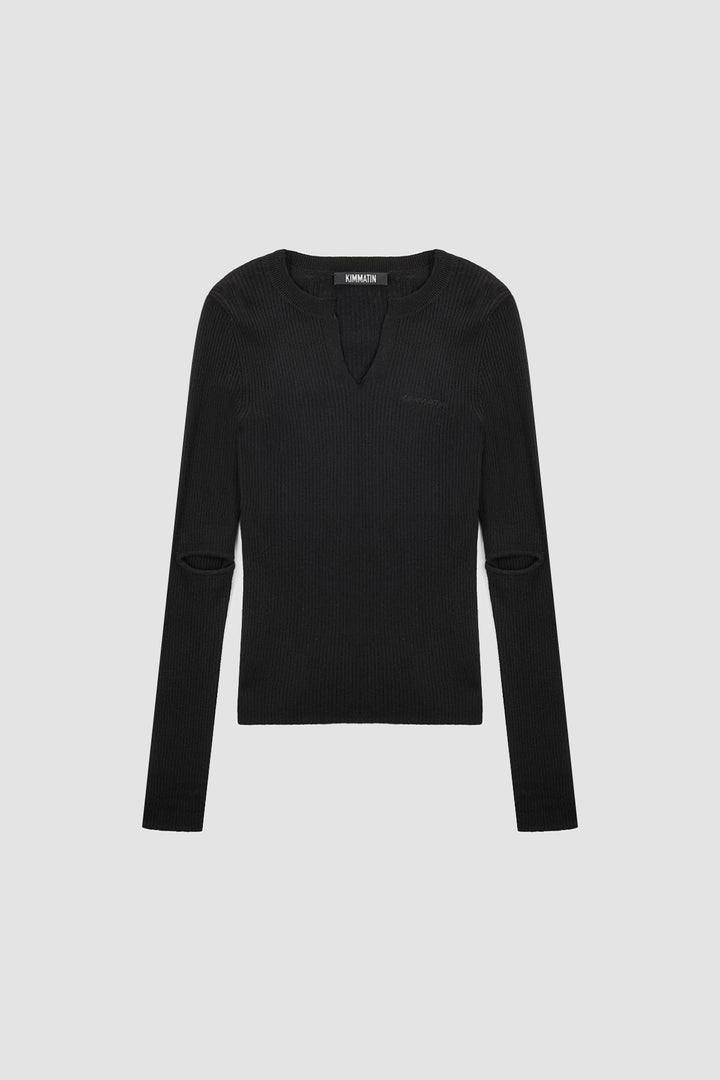 KIMMATIN Slit Point Slim Knit Top — Black