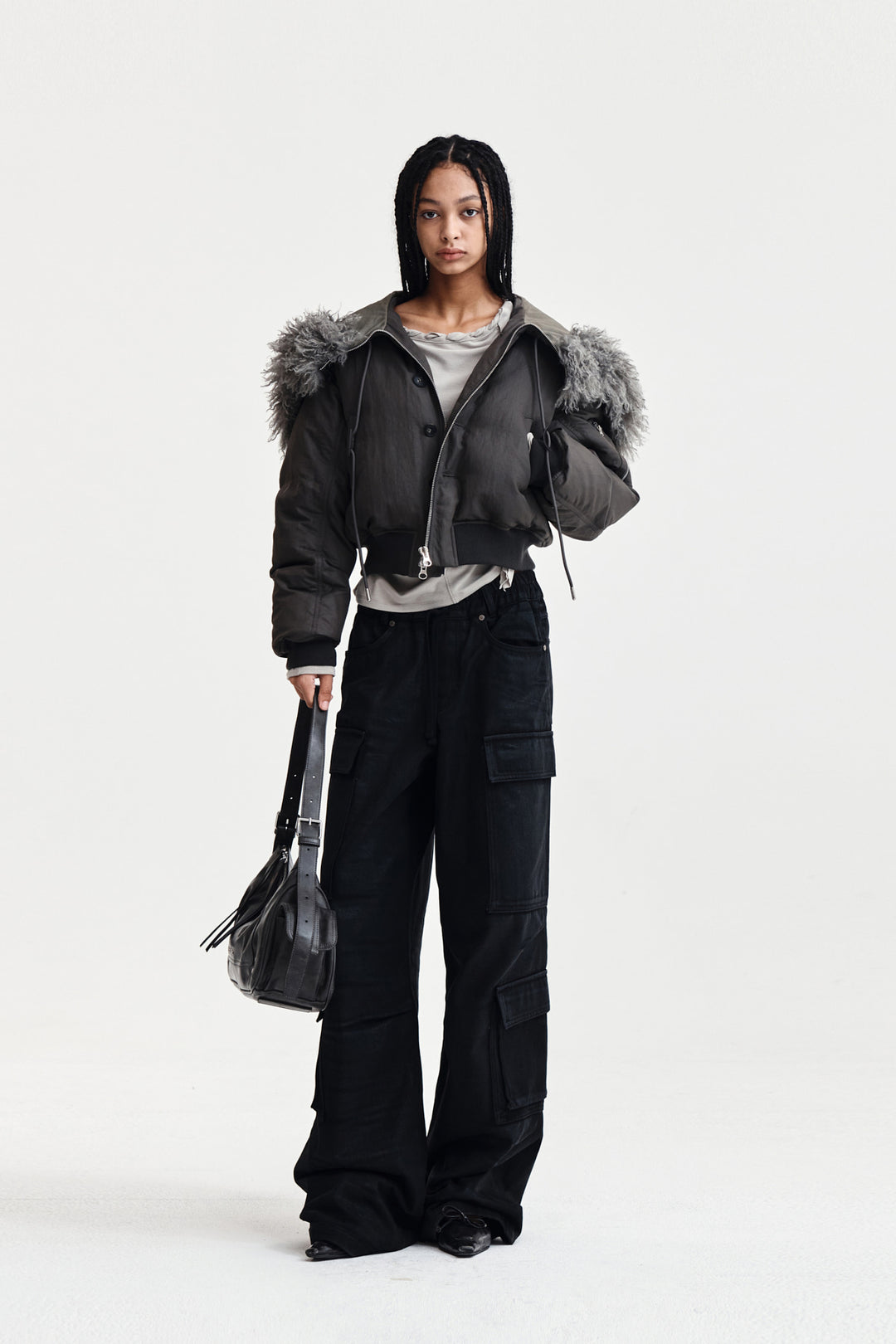 Matin Kim Fur Hoody Bomber Down Jumper — Gray