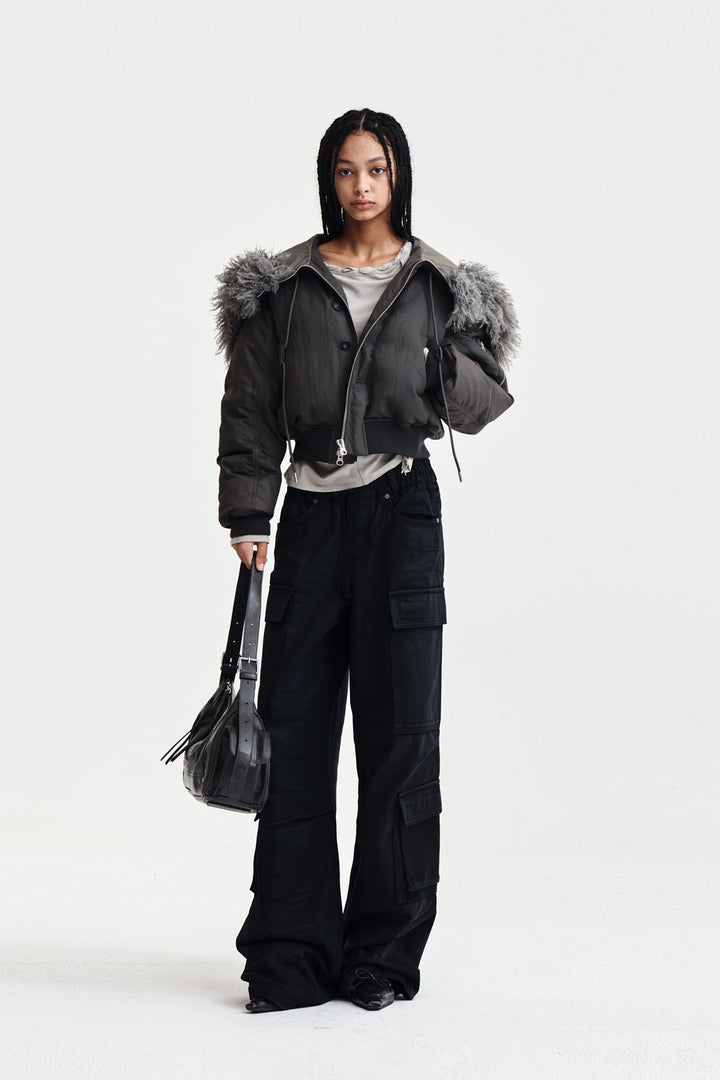 Matin Kim Fur Hoody Bomber Down Jumper — Gray