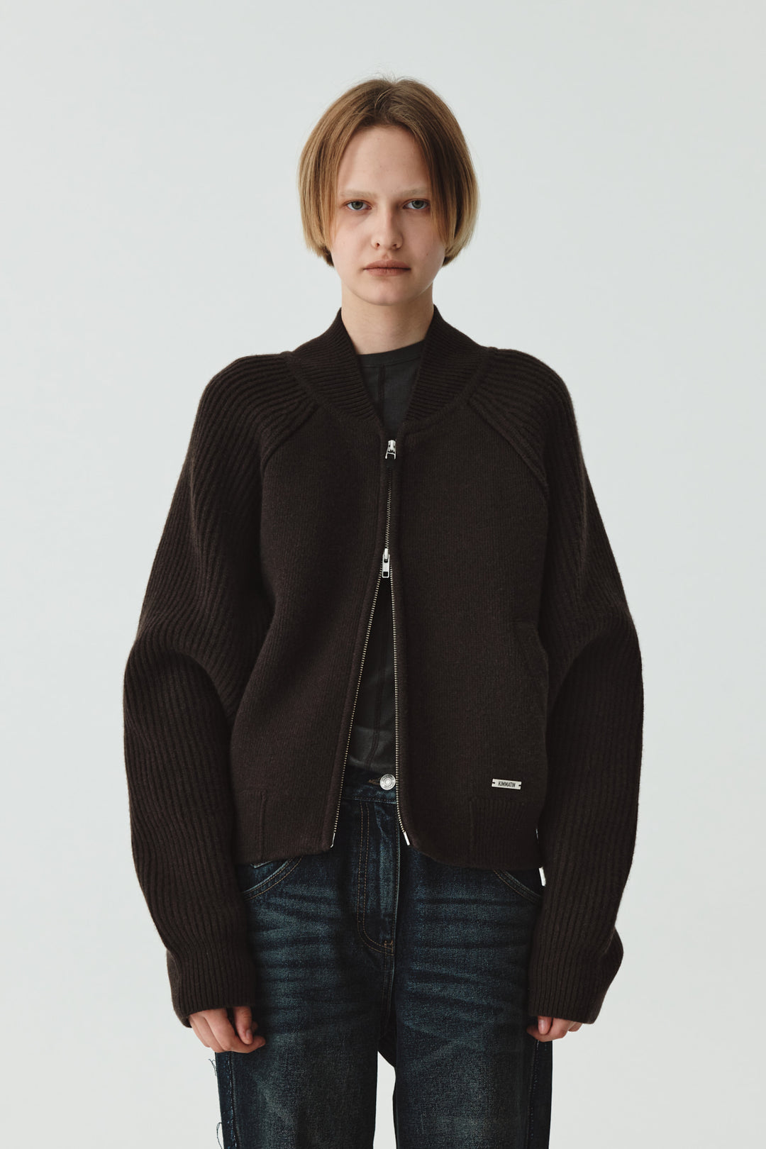 KIMMATIN Raglan Pocket Knit Zip Up — Brown