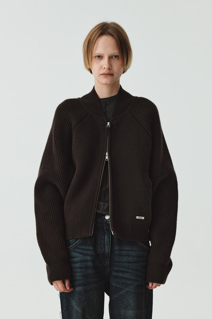 KIMMATIN Raglan Pocket Knit Zip Up — Brown