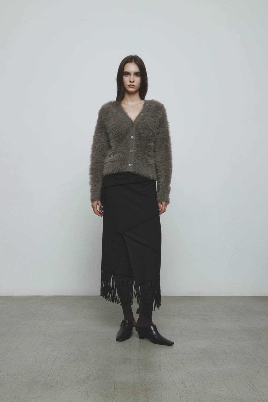 KIMMATIN Fringe Jersey Midi Skirt — Black