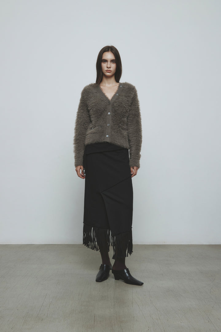KIMMATIN Fringe Jersey Midi Skirt — Black