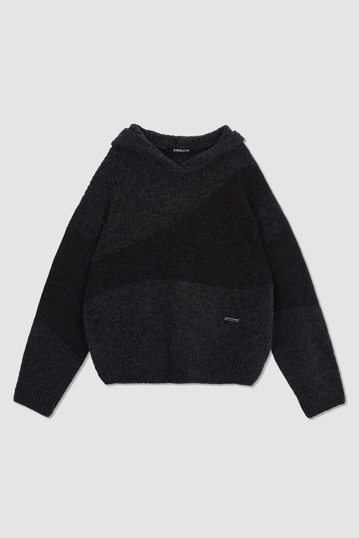 KIMMATIN Color Mix Unbalance Knit Hoody — Charcoal