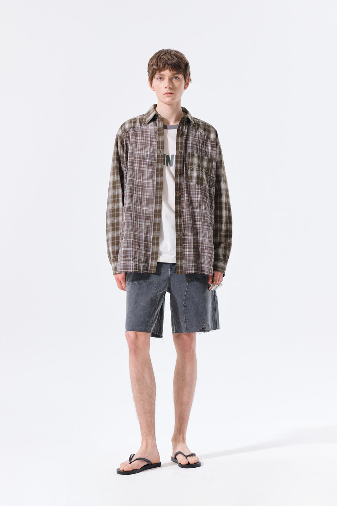 Matin Kim Mixed Check Overfit Shirt — Brown