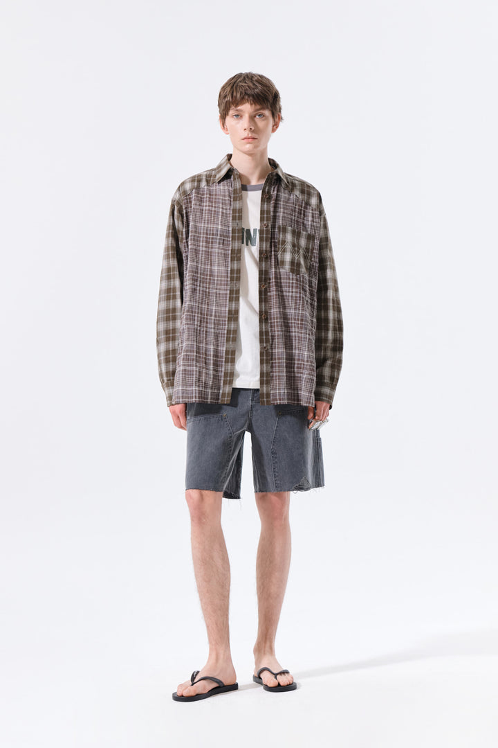Matin Kim Mixed Check Overfit Shirt — Brown