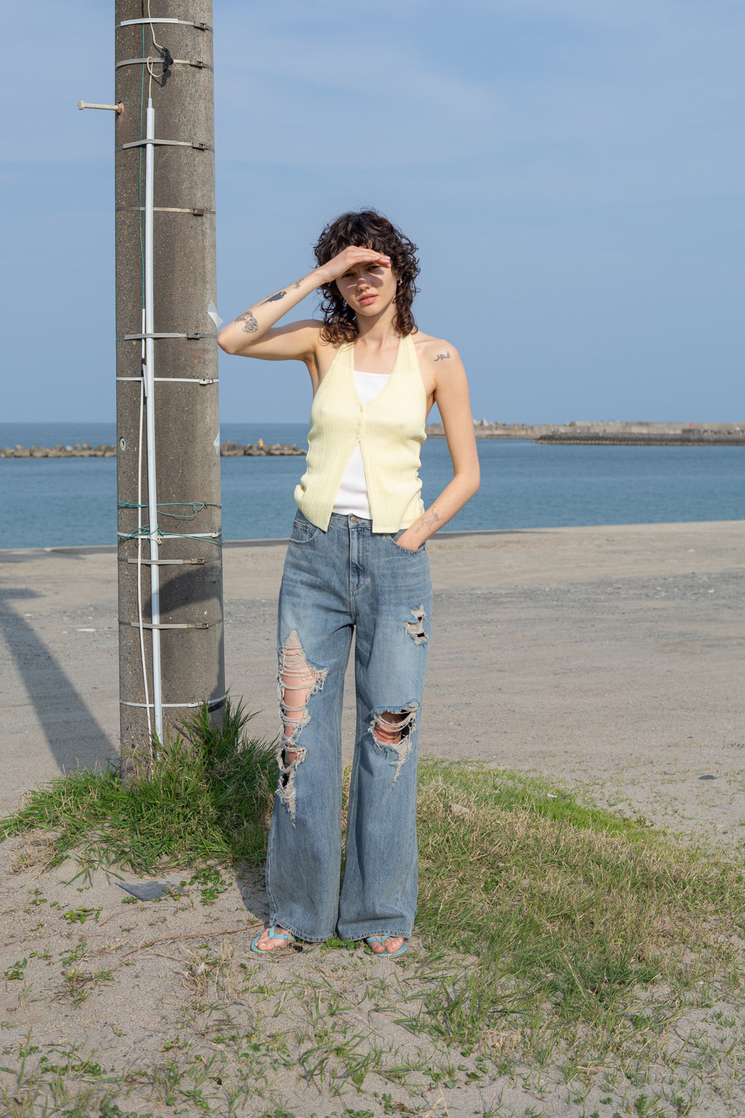 Matin Kim Layered Button Halter Neck Top — Yellow