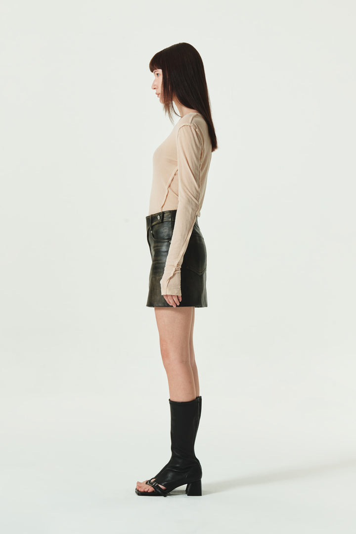 KIMMATIN Washed Faux Leather Mini Skirt — Brown